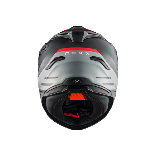 Rear view of Nexx Y.TRAVL Quest Helmet - Red Black
