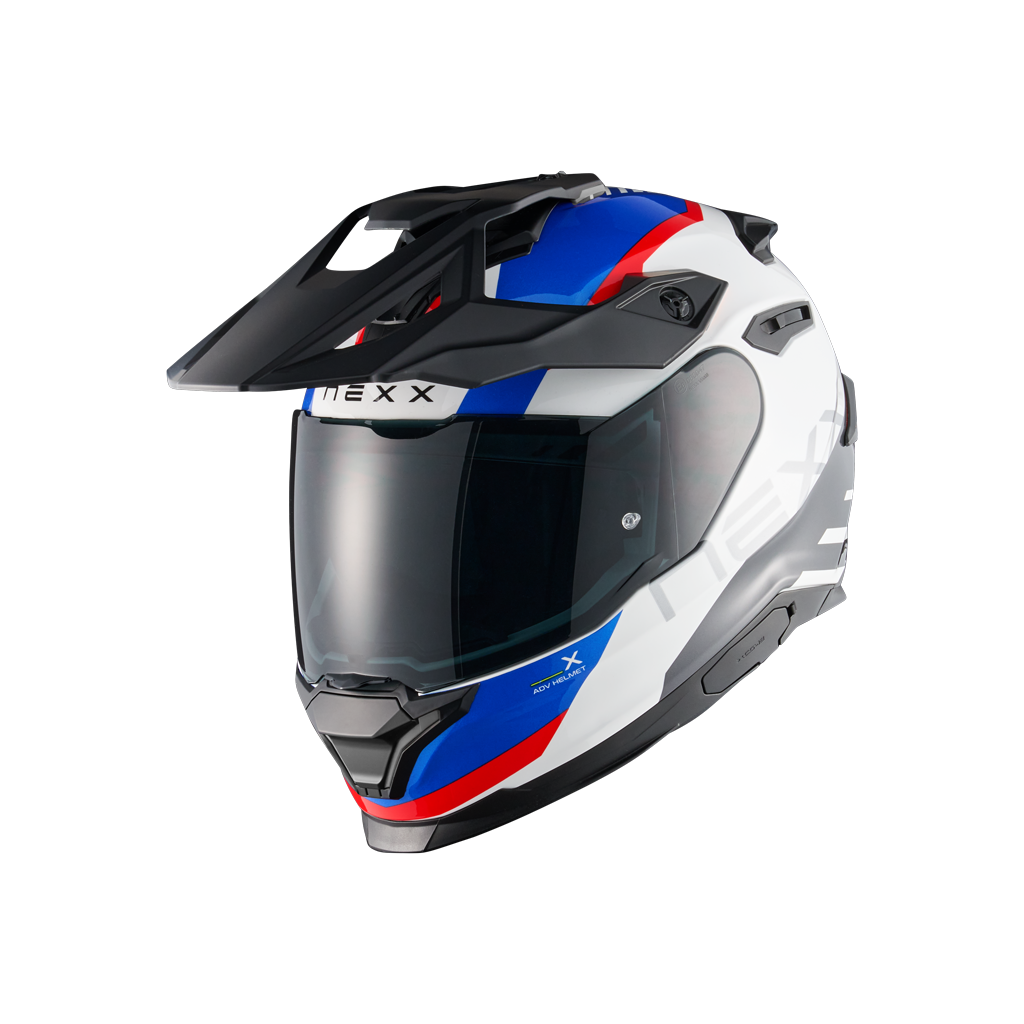 Front left view of Nexx Y.TRAVL Quest Helmet - White Blue Red