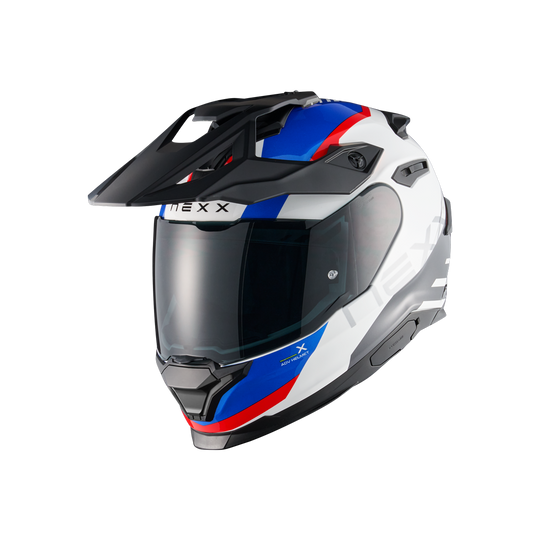 Front left view of Nexx Y.TRAVL Quest Helmet - White Blue Red