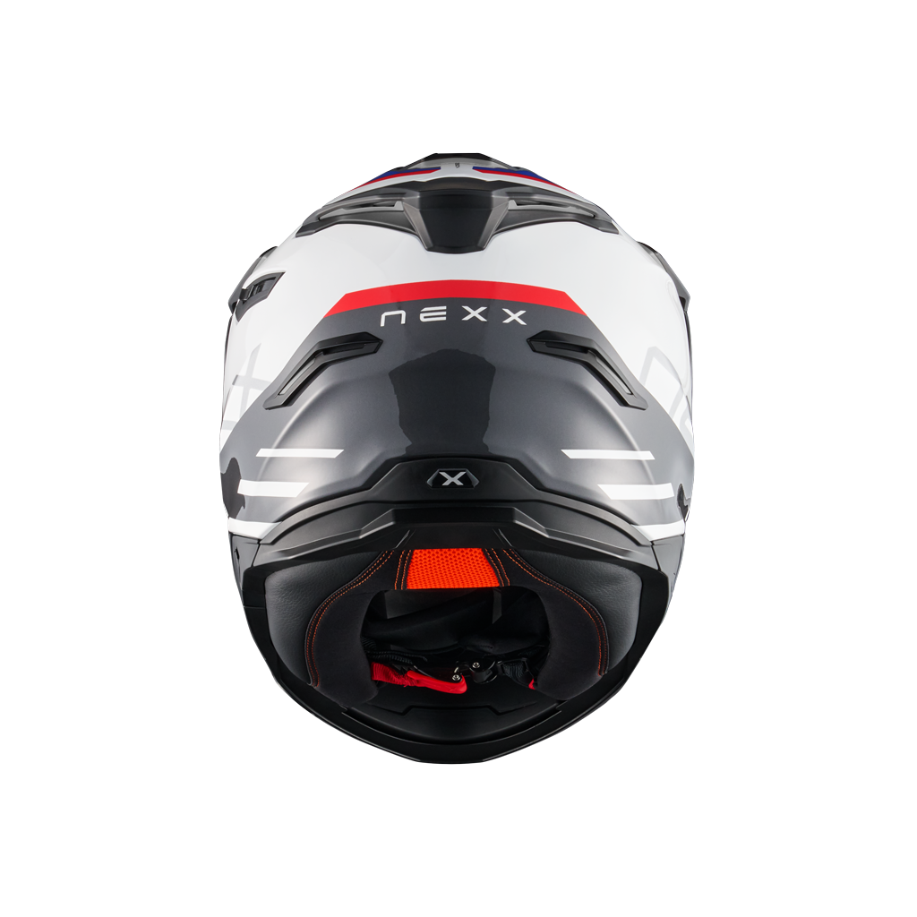 Rear view of Nexx Y.TRAVL Quest Helmet - White Blue Red
