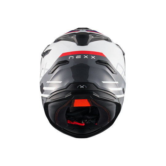 Rear view of Nexx Y.TRAVL Quest Helmet - White Blue Red