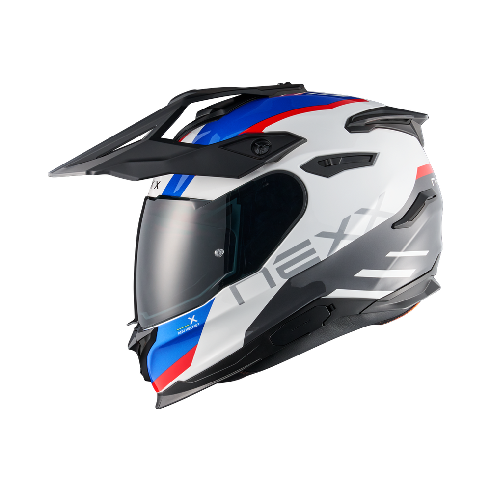 Left side view of Nexx Y.TRAVL Quest Helmet - White Blue Red