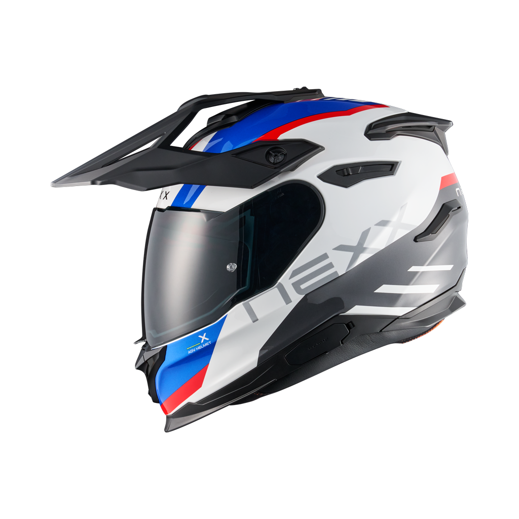 Left side view of Nexx Y.TRAVL Quest Helmet - White Blue Red