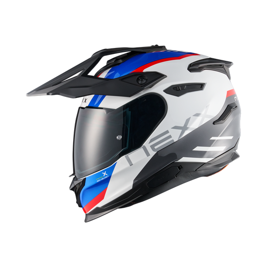 Left side view of Nexx Y.TRAVL Quest Helmet - White Blue Red