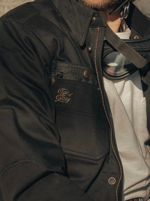 Age of Glory Runaway Riding Shirt in Black – Front View, Jacket open Cord Collar and Buttons with Zip, Close up