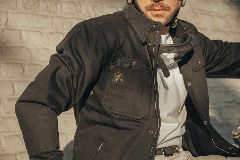 Model Wearing Age of Glory Runaway Riding Shirt in Black – Front View, Jacket open Cord Collar and Buttons with Zip, Close up