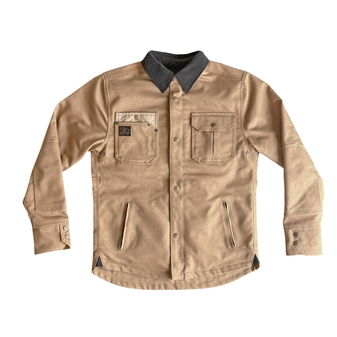 Age of Glory Runaway Riding Shirt in Desert Khaki – Front View, Cord Collar and Buttoned Pockets