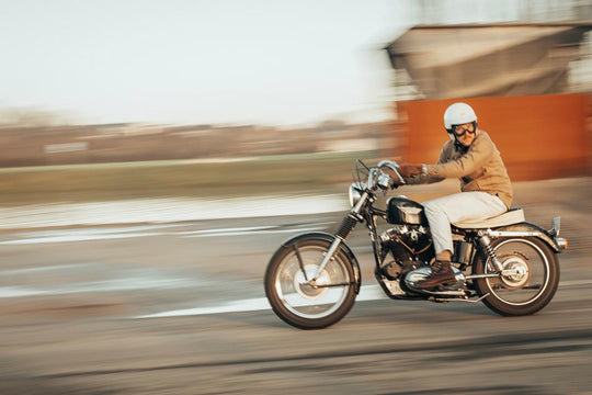 Age of Glory Runaway Riding Shirt in Desert Khaki – Rider Side View on  Motorcycle