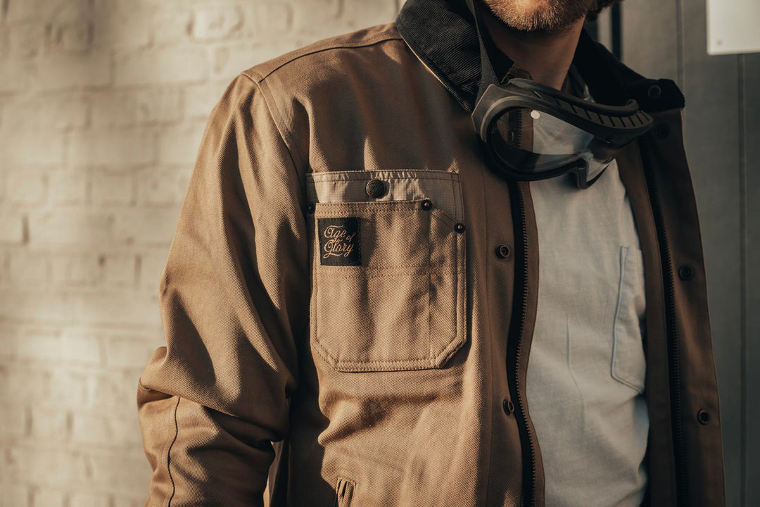 Age of Glory Runaway Riding Shirt in Desert Khaki – Close Up View, Age Of Glory Pocket Badge