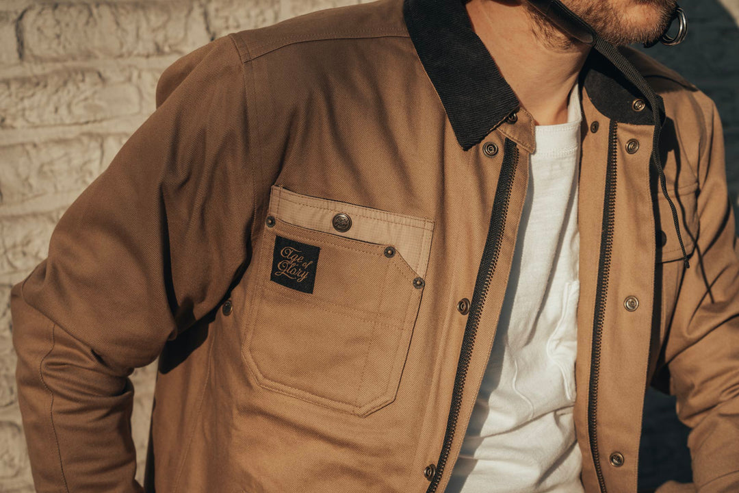 Age of Glory Runaway Riding Shirt in Desert Khaki – Close up Collar and Pocket Detail