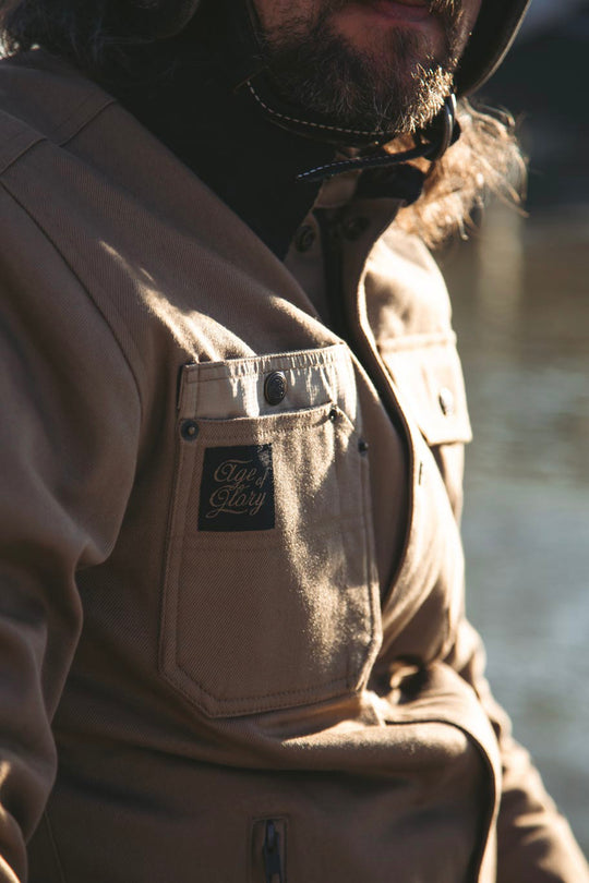 Age of Glory Runaway Riding Shirt in Desert Khaki – Close up Pocket Badge