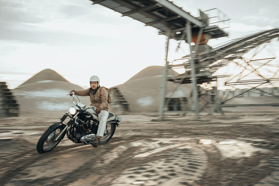 Age of Glory Runaway Riding Shirt in Desert Khaki – Rider on Motorcycle, Front View