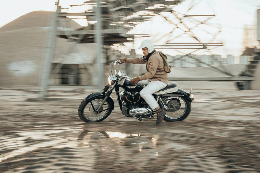 Age of Glory Runaway Riding Shirt in Desert Khaki – Rider on Motorcycle, Side View