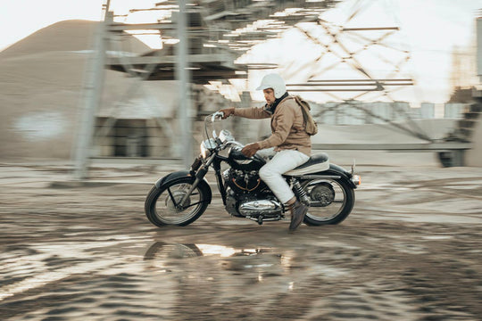 Age of Glory Runaway Riding Shirt in Desert Khaki – Rider on Motorcycle, Side View