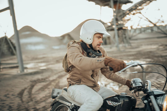 Age of Glory Runaway Riding Shirt in Desert Khaki – Rider on Motorcycle, Wearing Helmet 