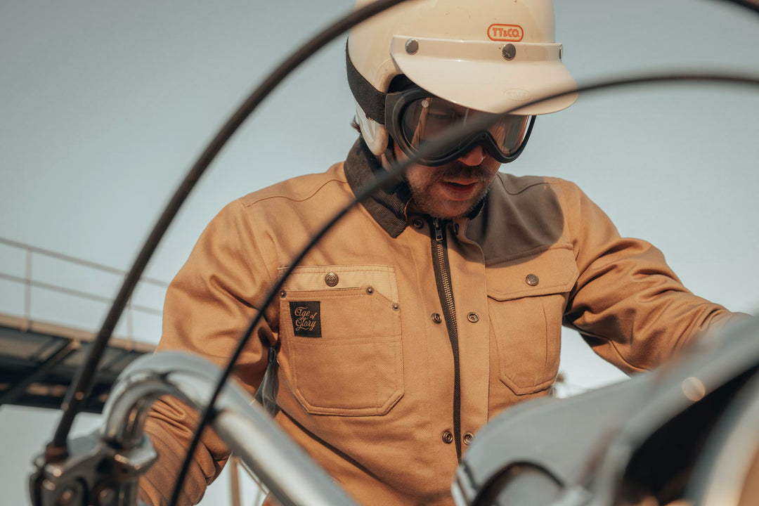 Age of Glory Runaway Riding Shirt in Desert Khaki – Close Up View Rider On Motorcycle