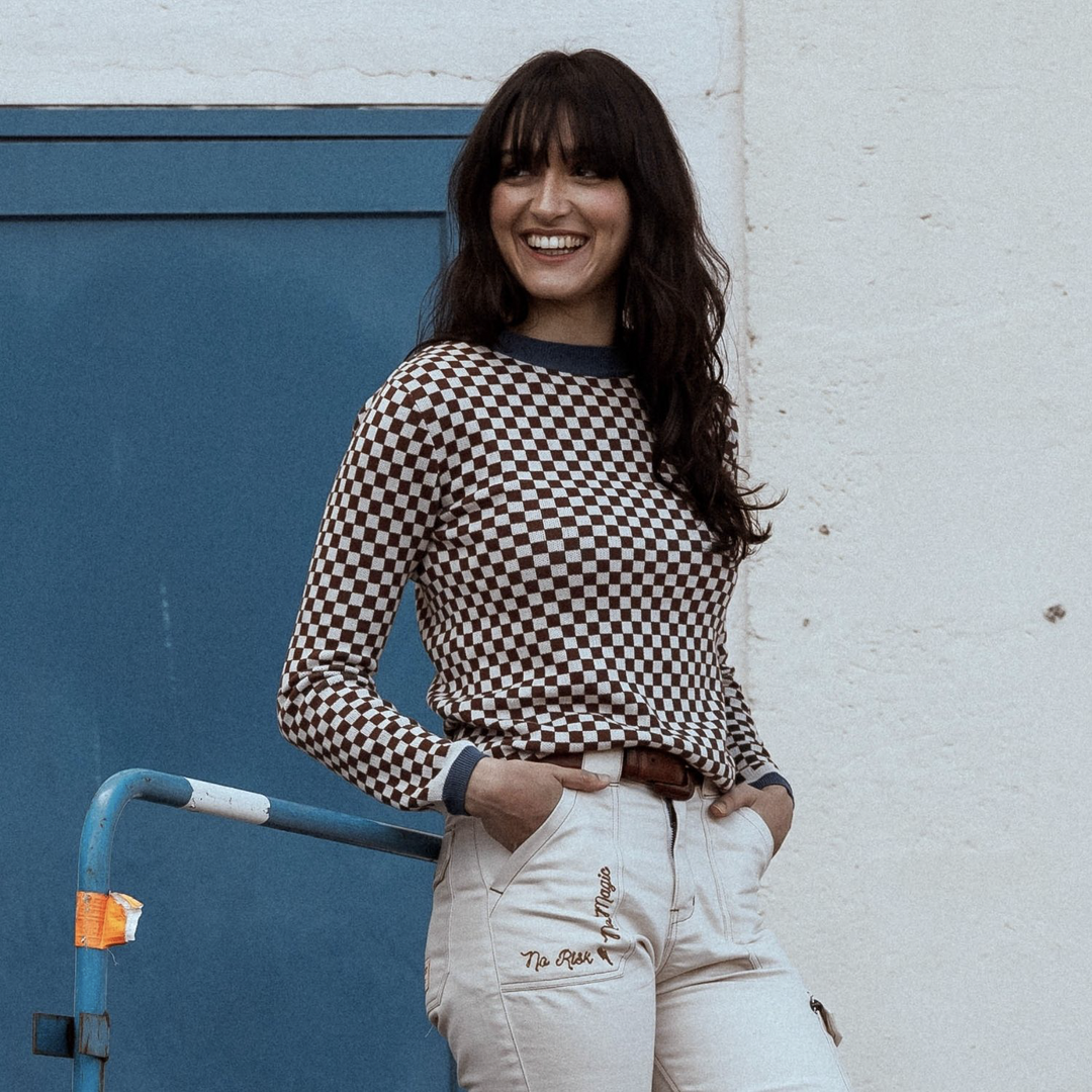 model-smiling-wildust-sisters-jumper-classics-front