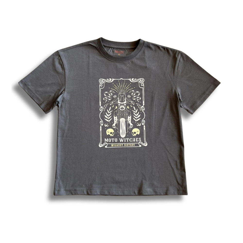 Wildust Sisters Moto Witches T-Shirt flat lay – black cotton tee with 70s-inspired graphic print