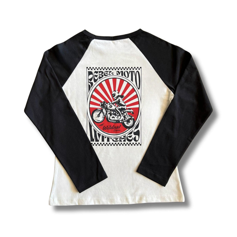 Wildust Sisters Rebel Long Sleeve Tee with black sleeves and a red-and-white race-inspired motorcycle graphic on the back.