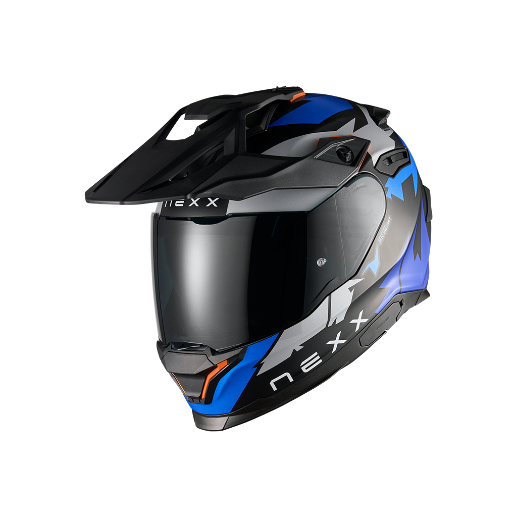 Front left view of Nexx Y.TRAVL Primal Helmet - Blue Neon