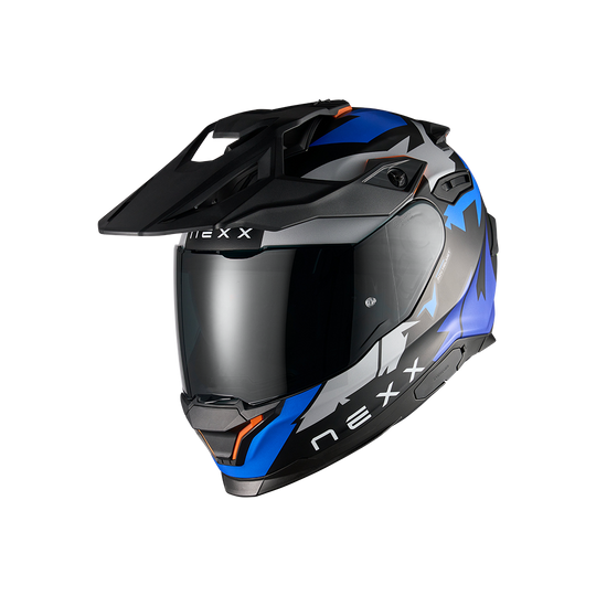Front left view of Nexx Y.TRAVL Primal Helmet - Blue Neon