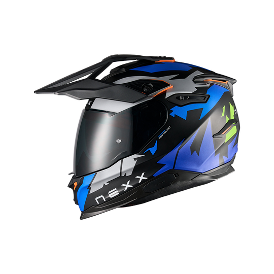 Left side view of Nexx Y.TRAVL Primal Helmet - Blue Neon