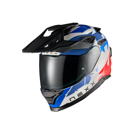 Front left view of Nexx Y.TRAVL Primal Helmet - Blue Red