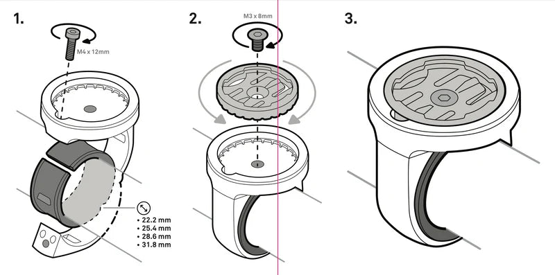 Step-by-step installation diagram of Beeline Moto II Bar Clamp Mount with spacers and bolts