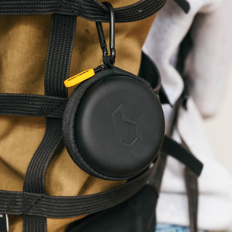 Beeline Moto II Carry Case clipped to backpack with carabiner