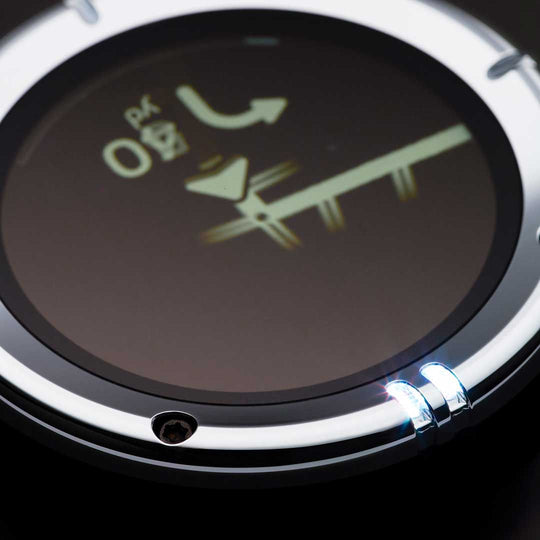 Close-up of Beeline Moto II Classic Edition Chrome display and stainless steel bezel detail