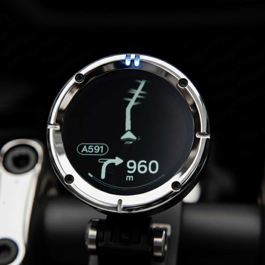 Beeline Moto II Classic Edition Chrome handlebar mounted navigation device on a motorcycle