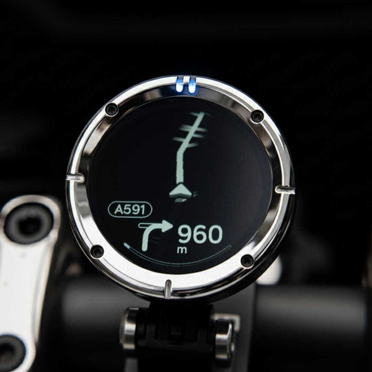 Beeline Moto II Classic Edition Chrome handlebar mounted navigation device on a motorcycle