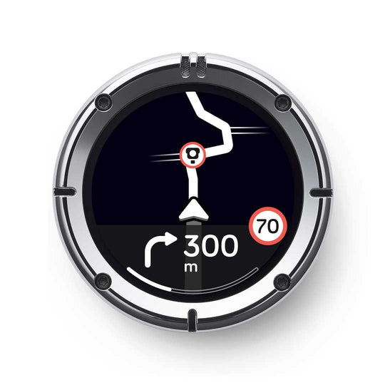 Beeline Moto II Classic Edition Chrome motorcycle navigation display showing turn-by-turn directions