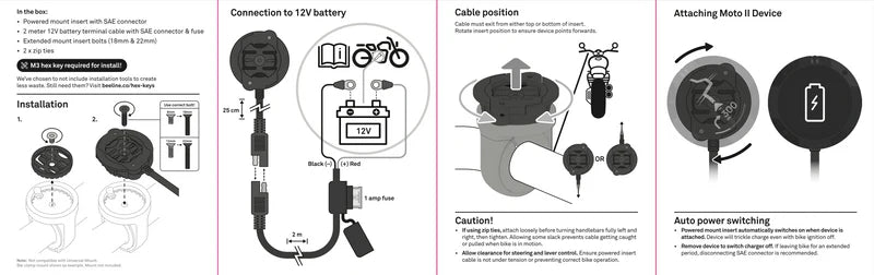 Beeline Moto II Powered Mount installation guide with wiring and setup instructions