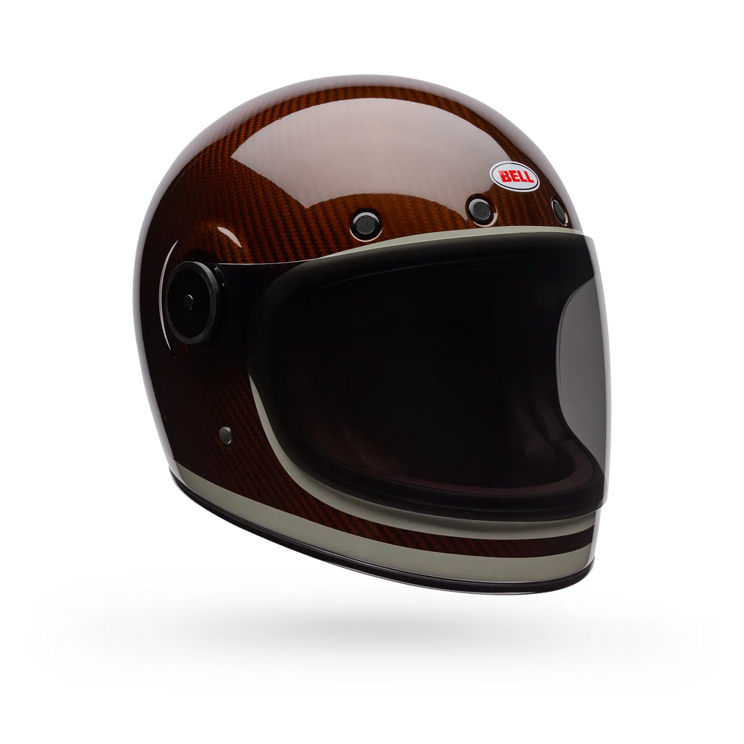 Bell burnt orange carbon fibre full face motorcycle helmet three quarter view