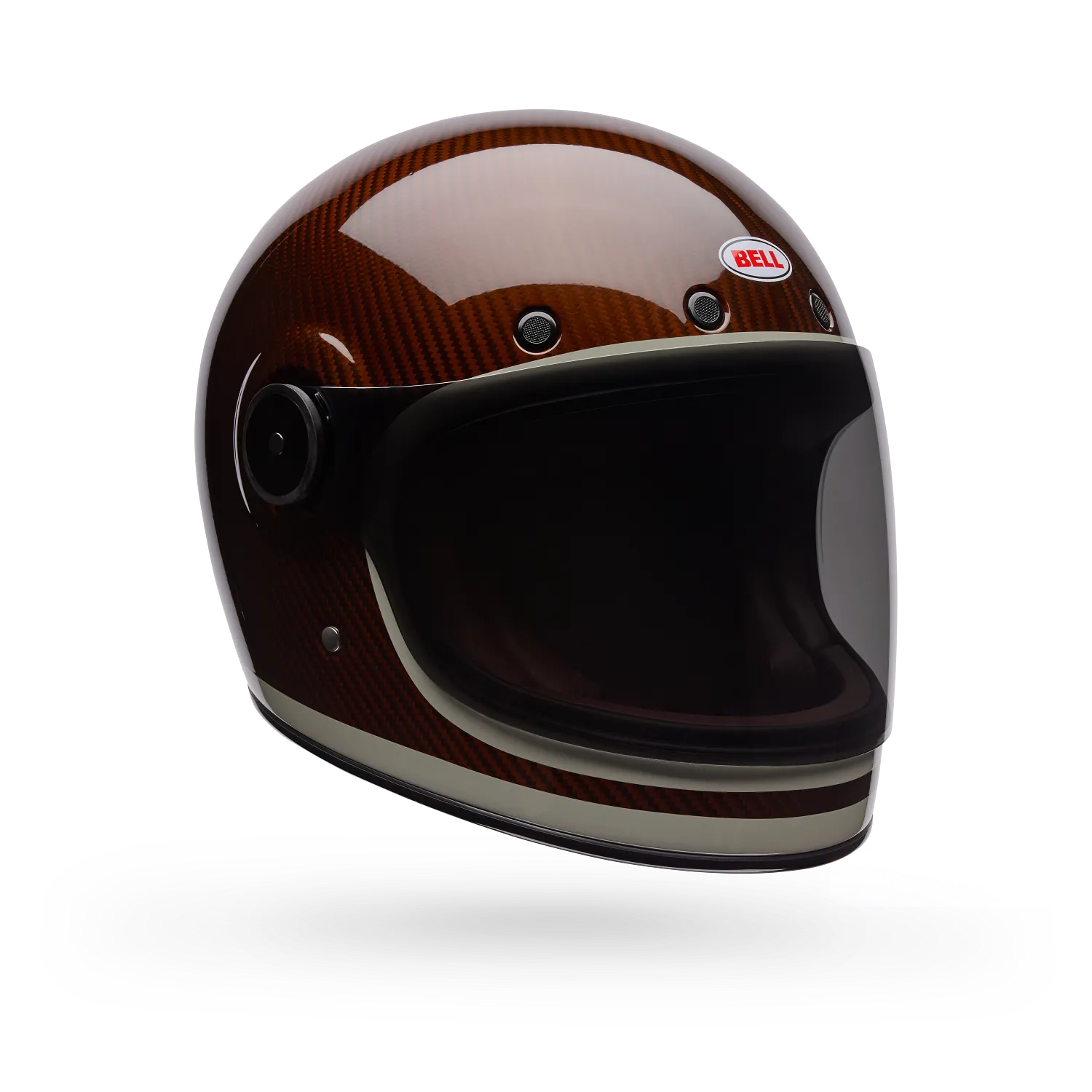 Bell burnt orange carbon fibre full face motorcycle helmet three quarter view