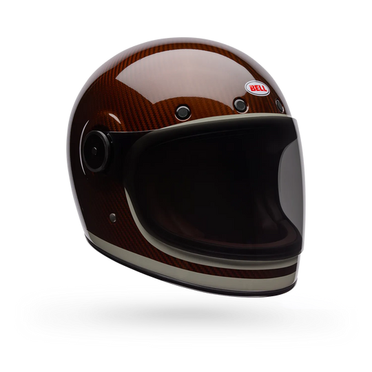 Bell burnt orange carbon fibre full face motorcycle helmet three quarter view