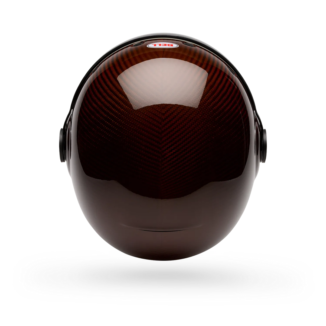 Bell burnt orange carbon fibre full face motorcycle helmet top view