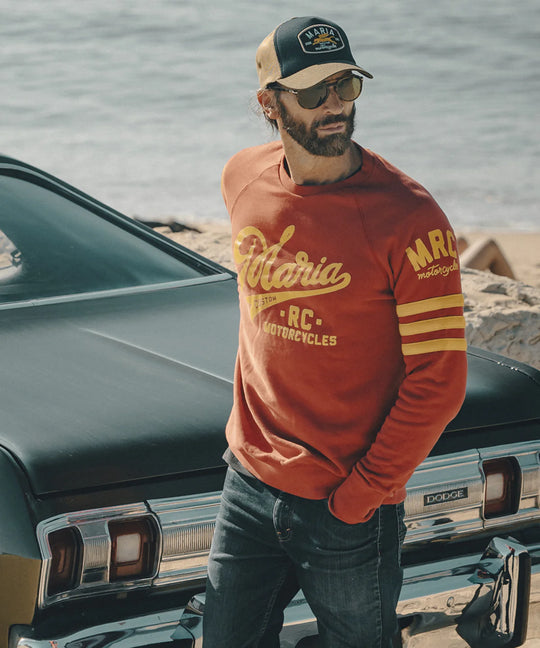 maria-riding-dark-red-spades-sweatshirt-front-model-wearing-dodge-car