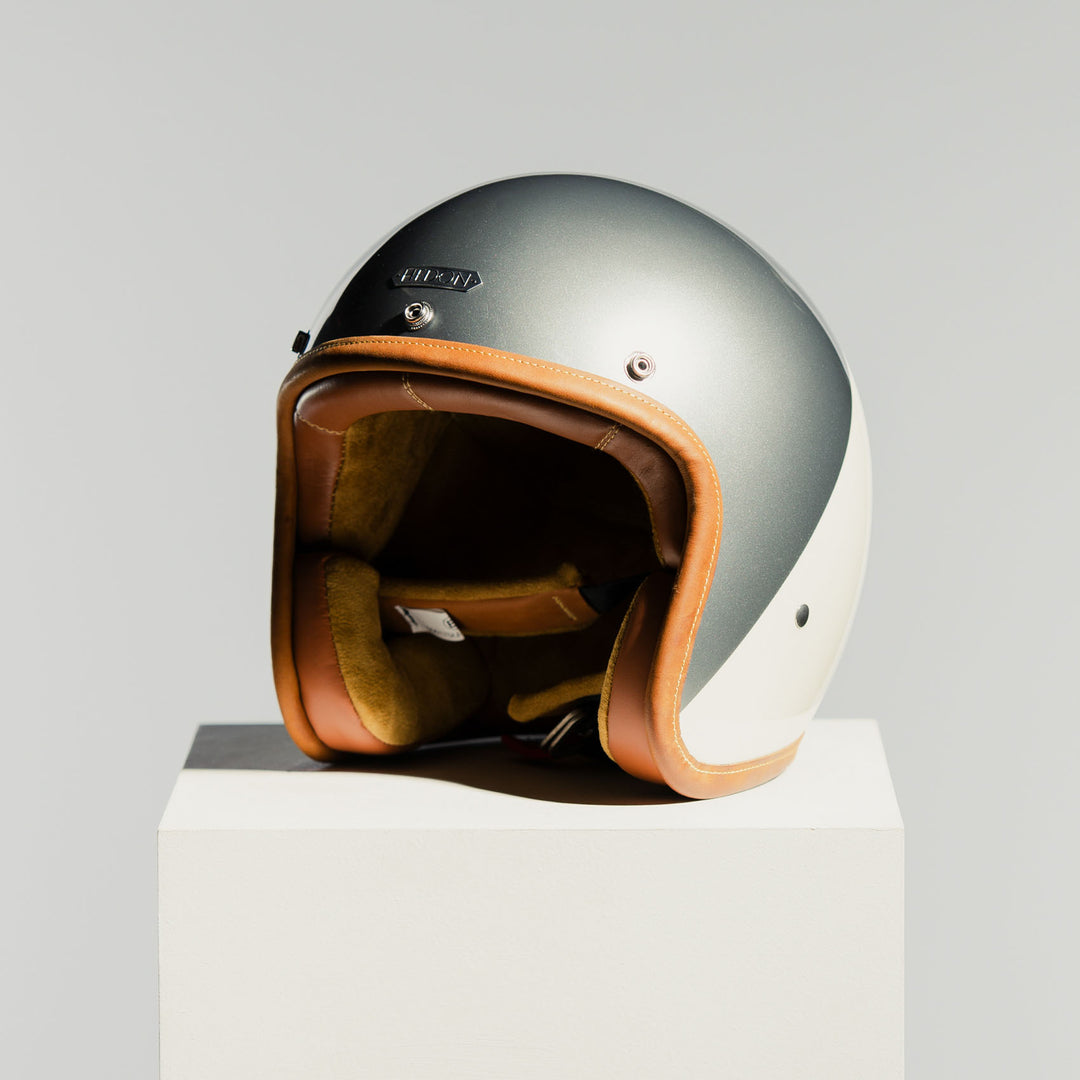 Hedon Hedonist Camelot open-face motorcycle helmet front three-quarter view with leather trim