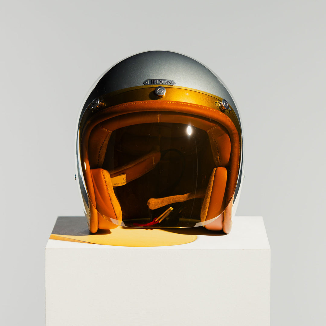 Hedon Hedonist Camelot open-face motorcycle helmet front view fitted with optional amber shield visor