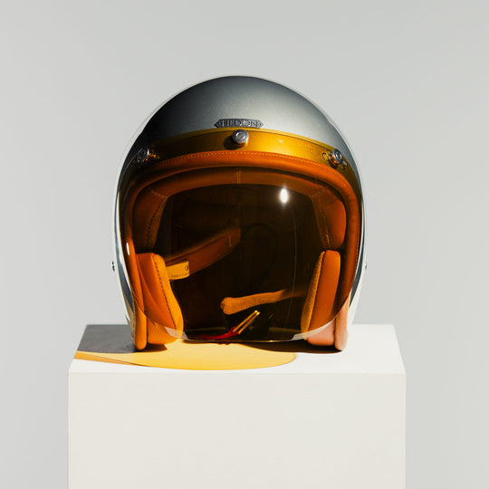 Hedon Hedonist Camelot open-face motorcycle helmet front view fitted with optional amber shield visor