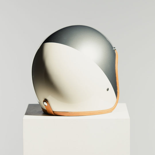 Hedon Hedonist Camelot open-face motorcycle helmet rear side profile showing champagne silver and cream finish