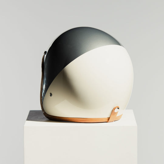 Hedon Hedonist Camelot open-face motorcycle helmet rear three-quarter view showing champagne silver and cream finish