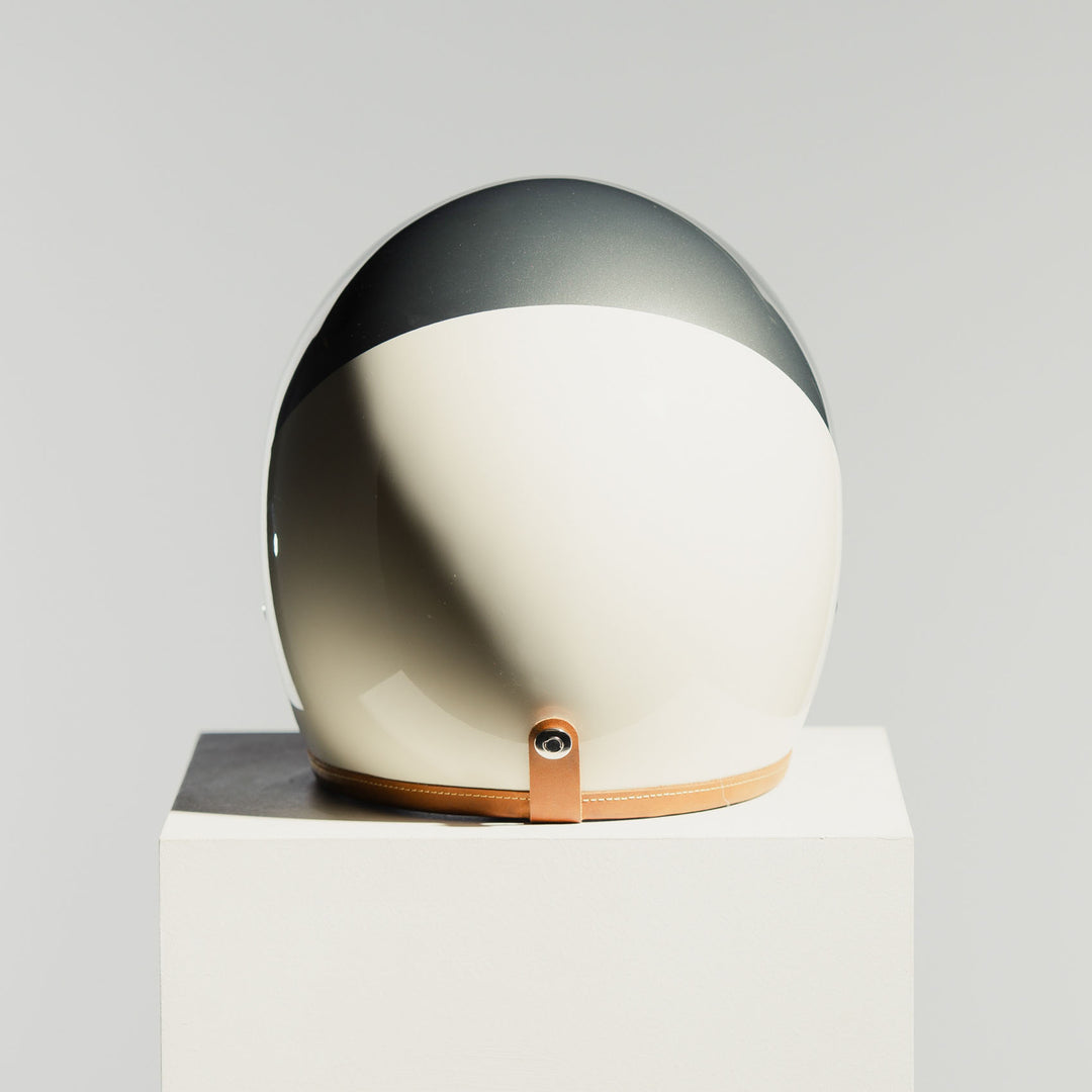 Hedon Hedonist Camelot open-face motorcycle helmet rear view showing champagne silver and cream finish