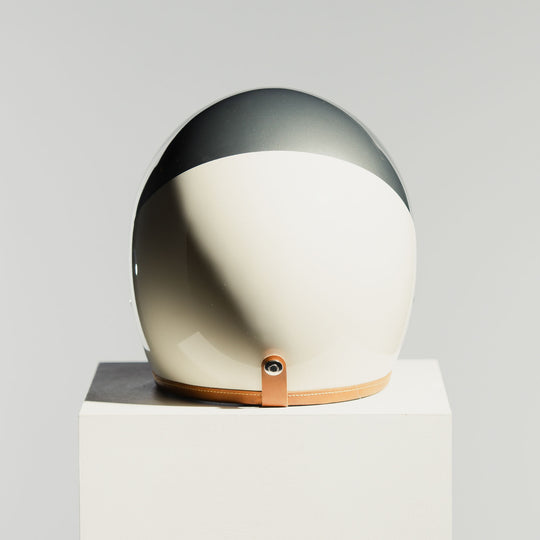 Hedon Hedonist Camelot open-face motorcycle helmet rear view showing champagne silver and cream finish