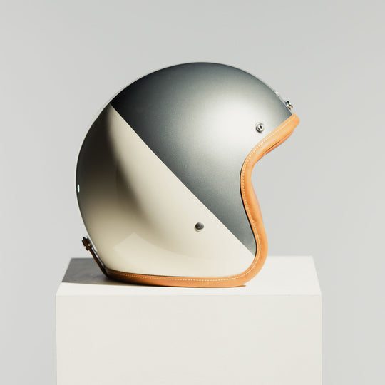 Hedon Hedonist Camelot open-face motorcycle helmet side profile showing champagne silver finish and leather trim