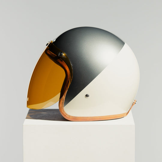 Hedon Hedonist Camelot open-face motorcycle helmet side view fitted with optional amber shield visor