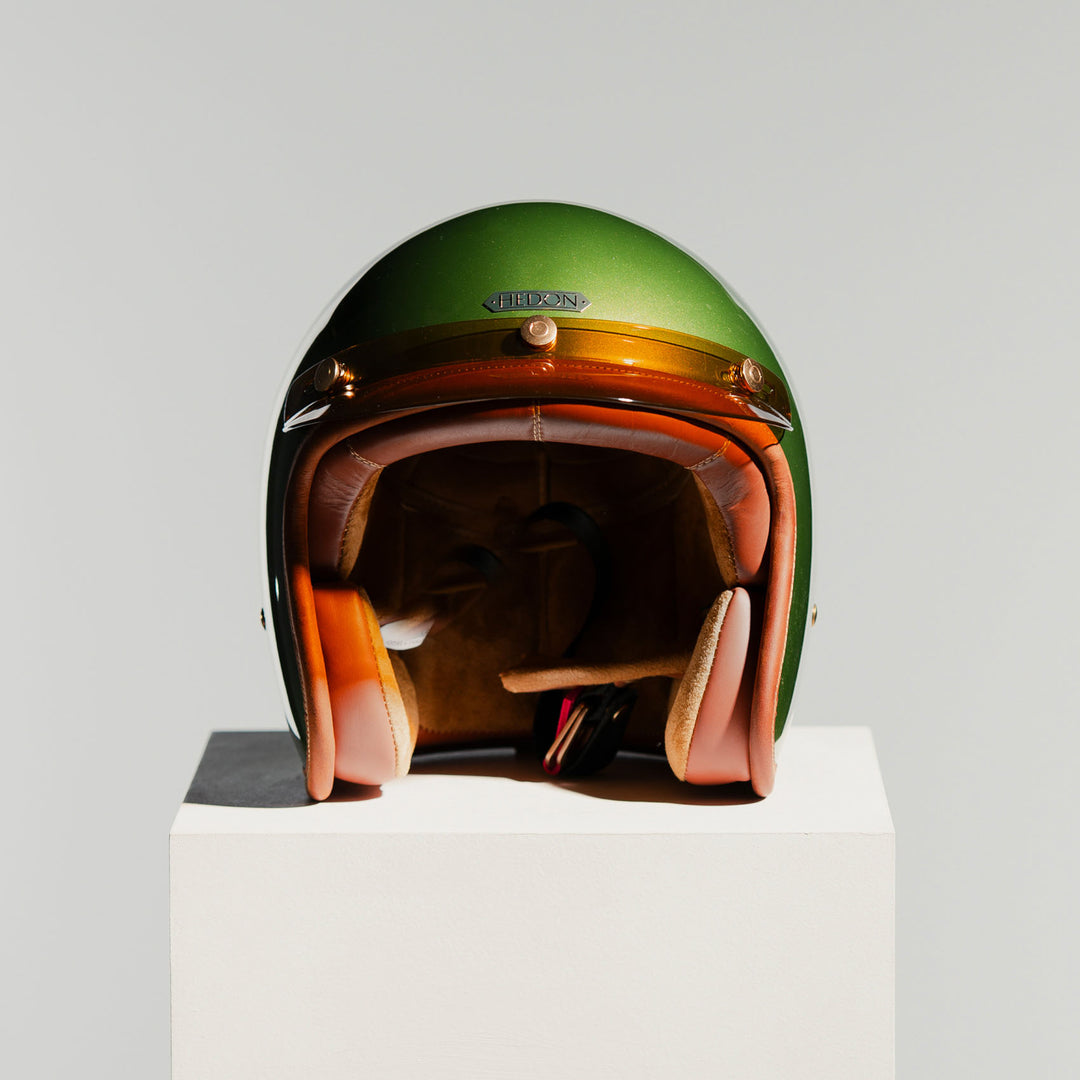 Front view of Hedon Hedonist Helmet - Olivea with peak 