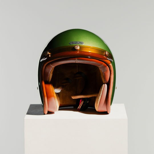 Front view of Hedon Hedonist Helmet - Olivea with peak 